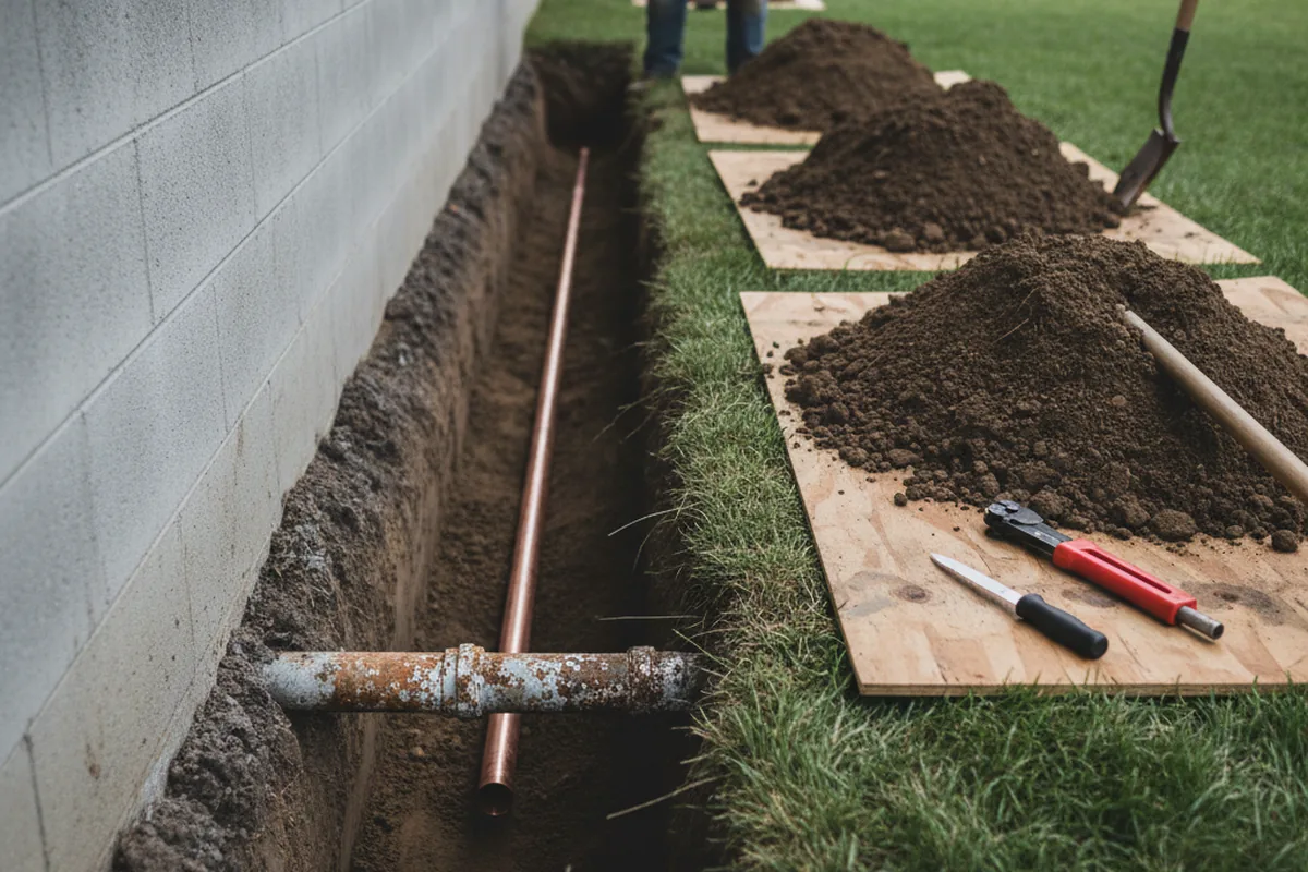 Excavated water line trench during Water Softener Installation in Lascassas